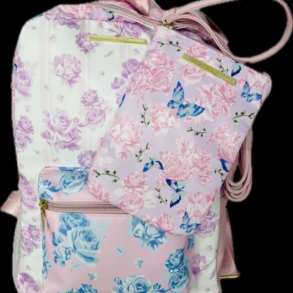 Luv BETSEY JOHNSON Pink Floral Backpack Rose Print Bag LBSTUDY Crossbody Purse - Picture 1 of 8